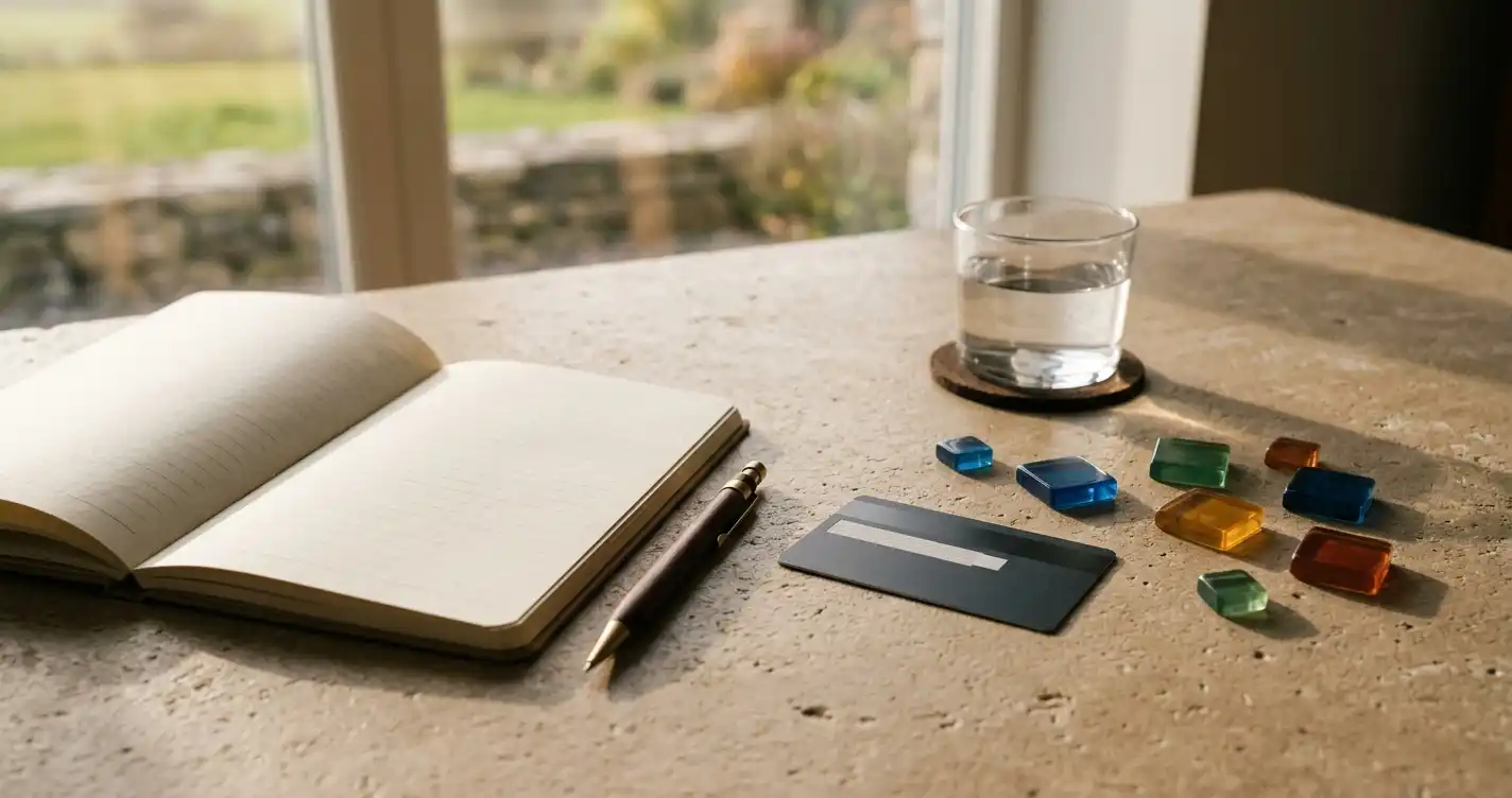 An open notebook beside a plain payment card and abstract game tiles