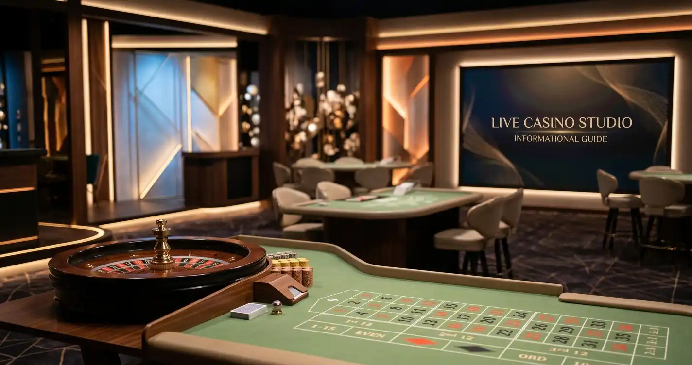 Unbranded empty roulette studio with a felt table and softly illuminated game-show stage