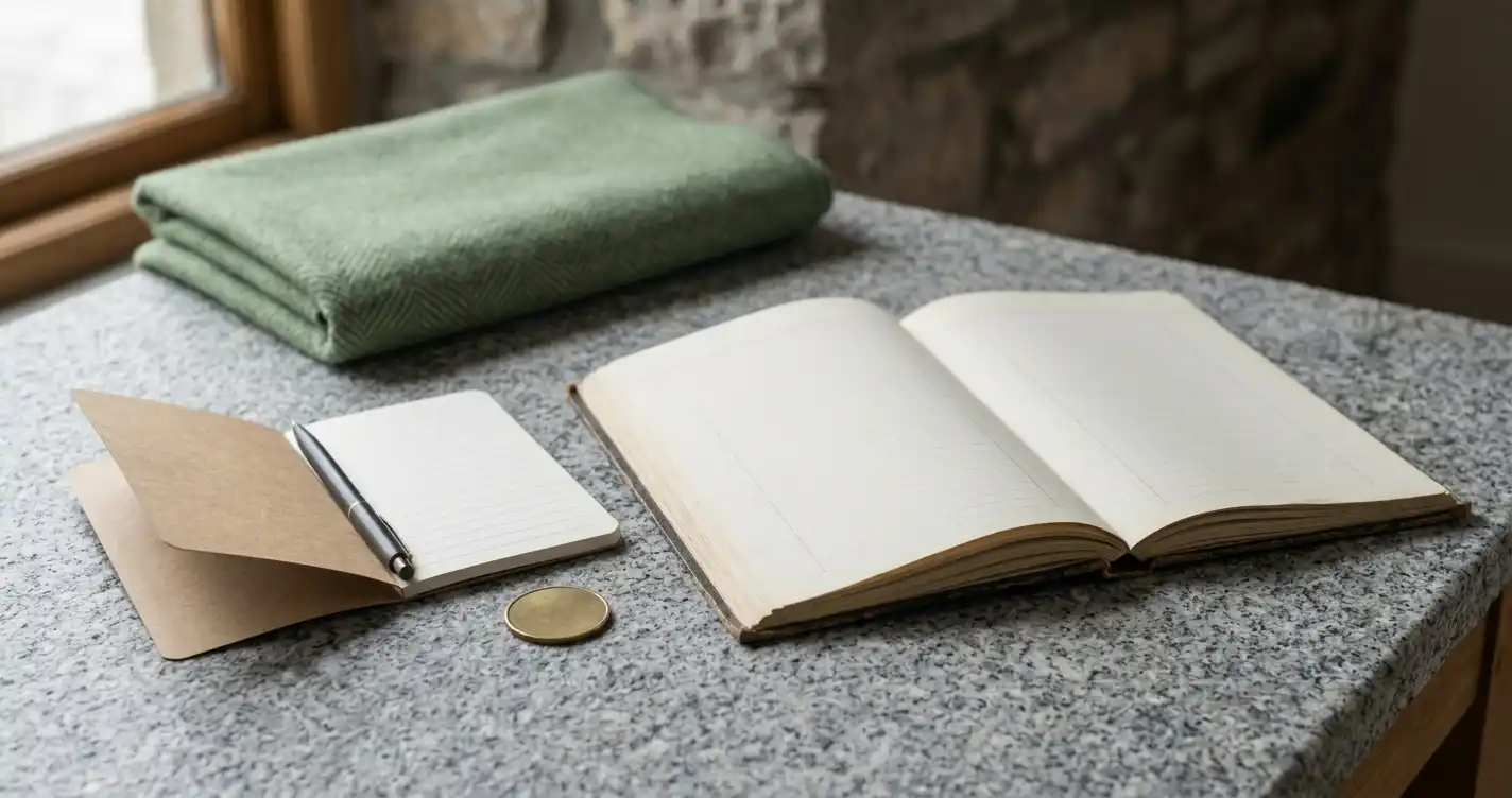 Small unmarked token beside an open notebook with blank ledger lines