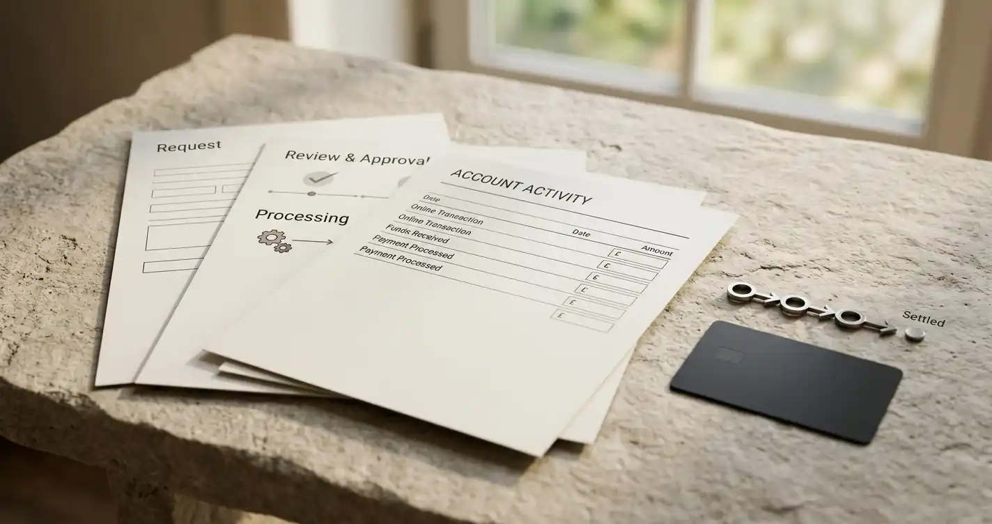 Four unlabelled paper stages beside a plain bank-card shape and a neutral ledger